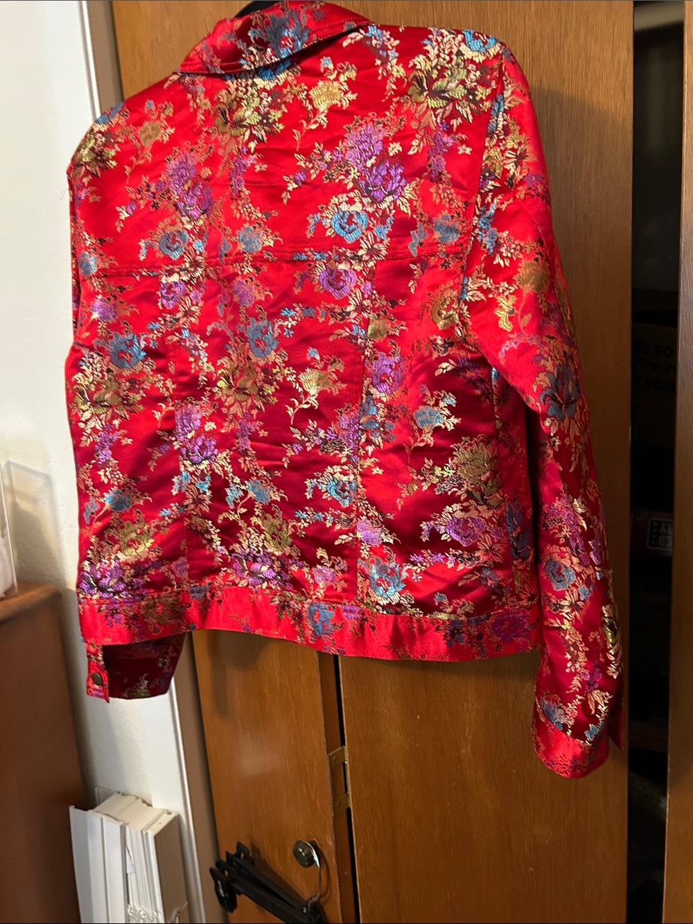 Spenser Jeremy Red Floral Brocade Jean Jacket with Gold & Blue Accents - Picture 5 of 5